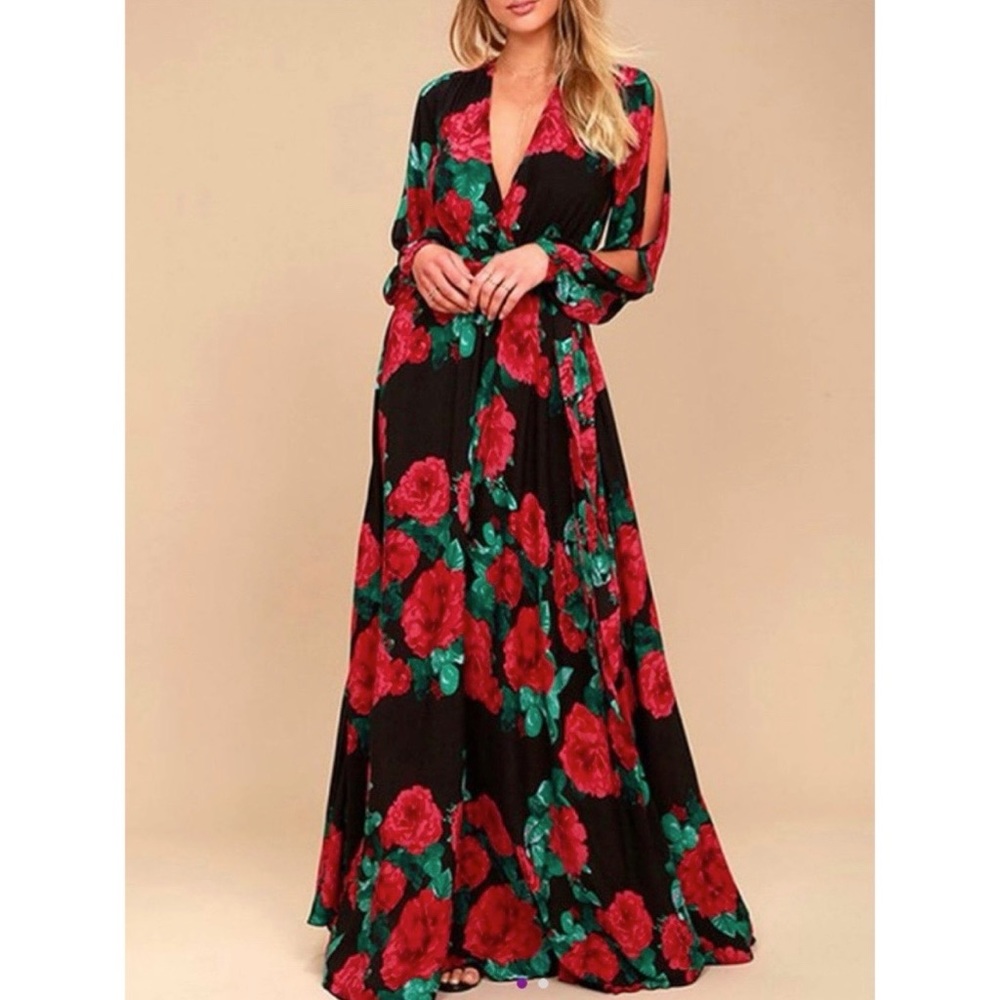 Ricco Bruno Black & Red Floral Slit-Sleeve Maxi Dress XL